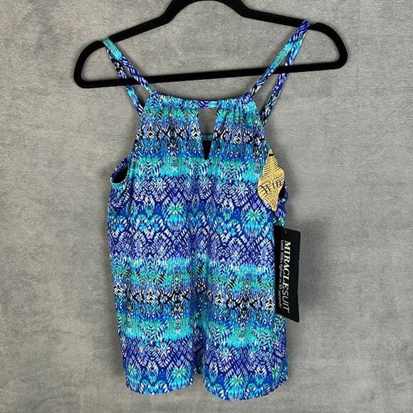 Miraclesuit Tankini Top Womens 10 Blue Peephole Slimming Bathing Suit Resort - Picture 1 of 12